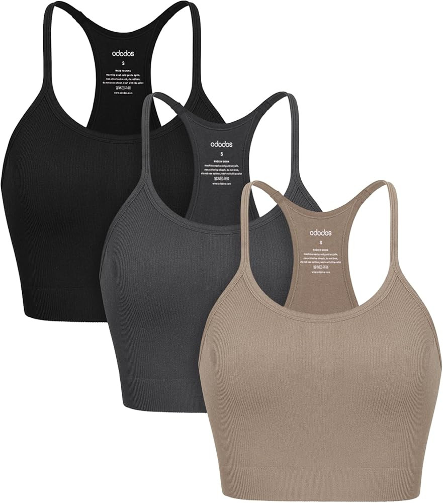 ODODOS Seamless Racerback Sports Bra for Women Ribbed Camisoles Non Padding Yoga Bra Crop Tank To... | Amazon (US)