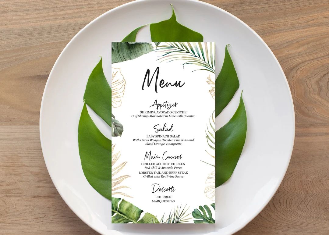 Tropical Menu Table Cards Tropical Leaves Palm Leaf Greenery Travel Theme Invitation Set by Lucky... | Etsy (US)
