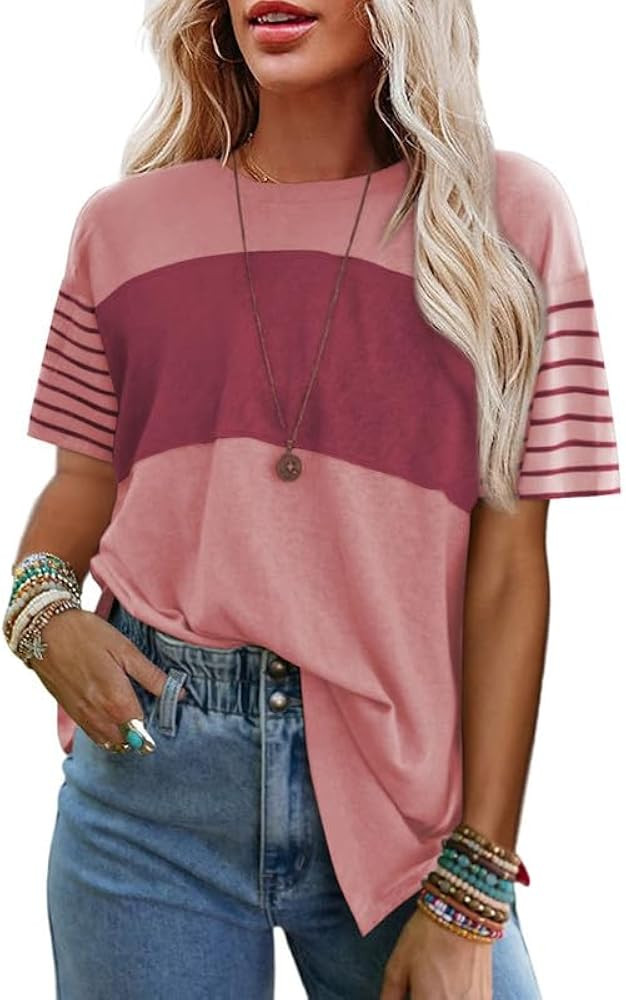 SHEWIN Womens Casual Short Sleeve Shirts Loose Crewneck Color Block Tshirts Tops | Amazon (US)