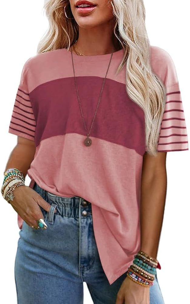 SHEWIN Womens Casual Short Sleeve Shirts Loose Crewneck Color Block Tshirts Tops | Amazon (US)