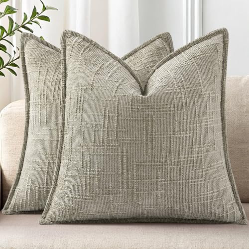 decorUhome Chenille Throw Pillow Covers 24x24 Set of 2, Soft Textured Slubby Modern Decorative Pillow Covers with Elegant Design for Couch, Sofa, Living Room, Light Brown | Amazon (US)