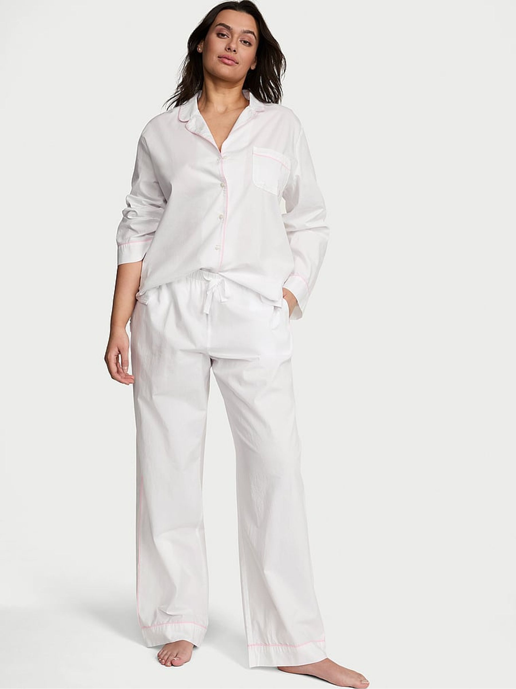 White With Pink Piping Cotton Long Pyjama Set | Victoria's Secret UK | Victoria's Secret UK