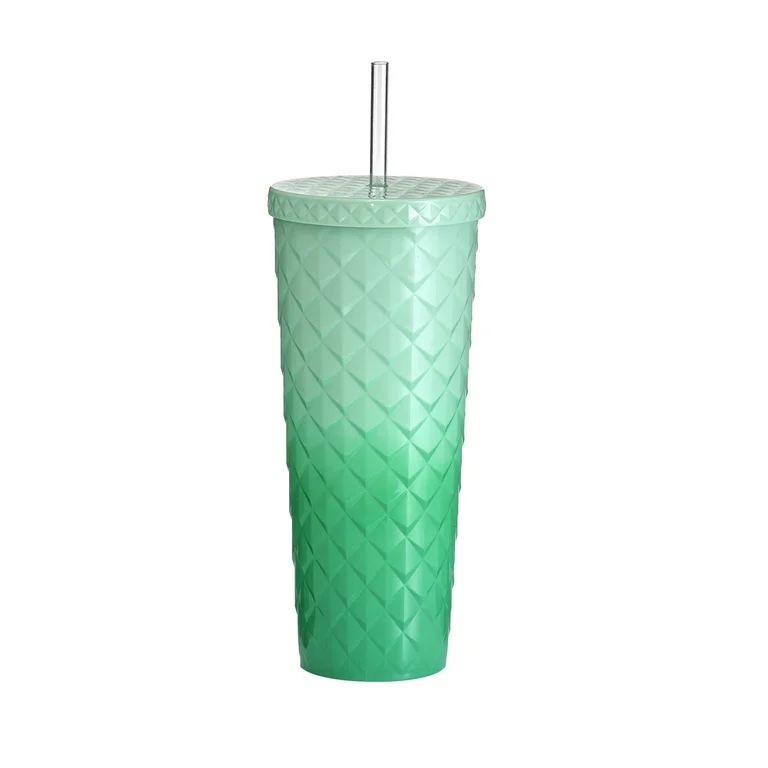 Mainstays 26oz Diamond Scale Textured Plastic Tumbler with Straw, Ombre Green, Double Wall Insula... | Walmart (US)