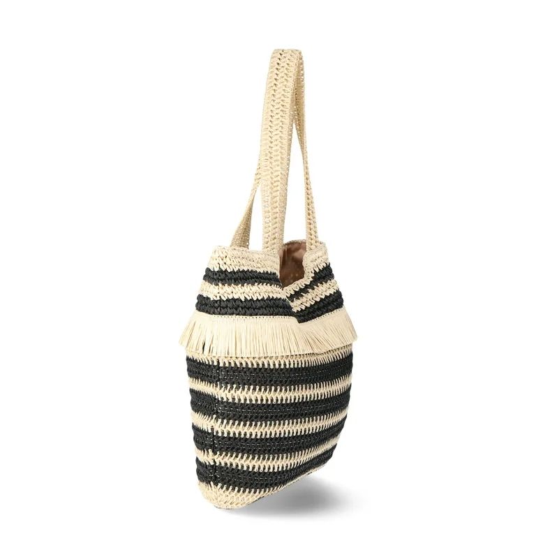 No Boundaries Women's Woven Stripe Straw Tote Bag with Fringe, Natural/Black Stripe | Walmart (US)