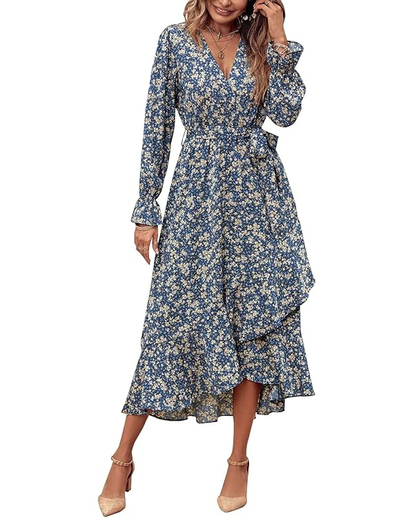 BTFBM Women Long Sleeve Wrap Maxi Dress V Neck Boho Floral High Waist Flowy Ruffle 2024 Spring Su... | Amazon (US)