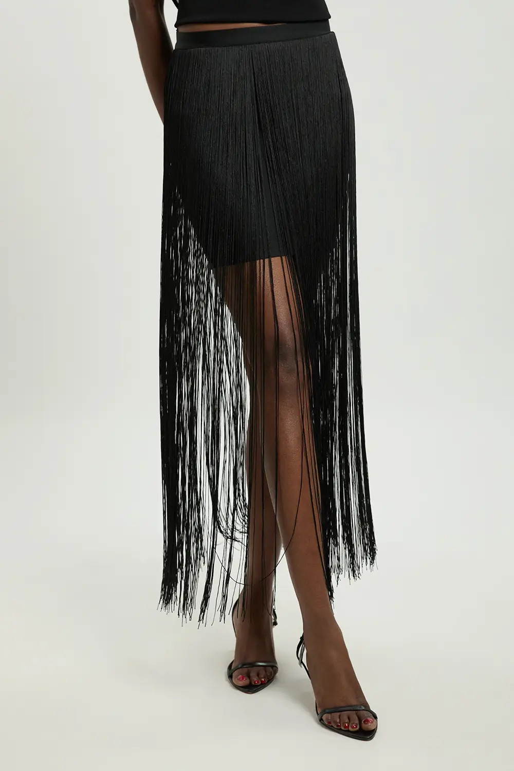 Black Fringe Bandage Midi Skirt | Karen Millen | Karen Millen