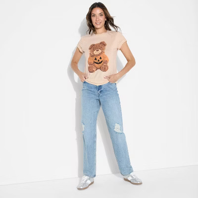 Women's Teddy Bear Pumpkin Short Sleeve Graphic Boyfriend T-Shirt - Beige | Target