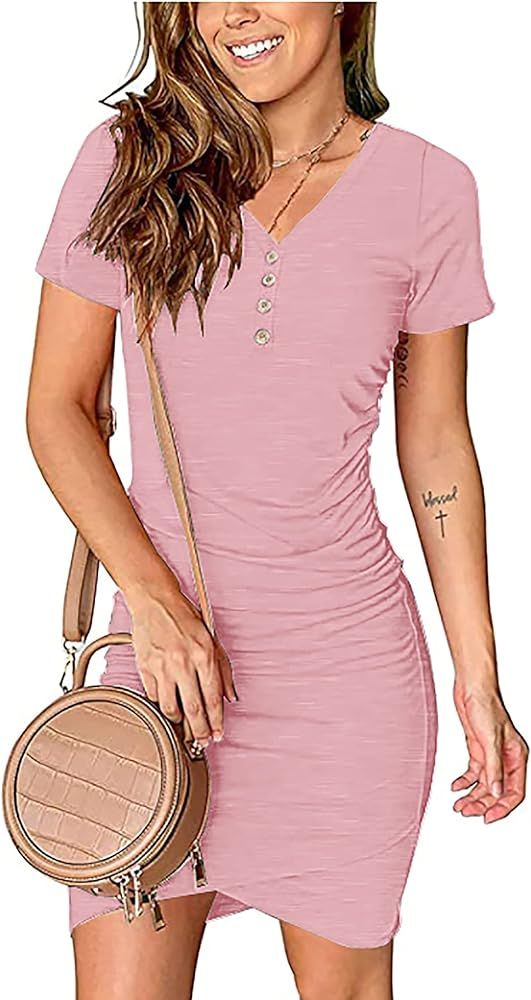 BTFBM Women’s 2021 Casual V Neck Short Sleeve Ruched Bodycon T Shirt Short Mini Dresses with Bu... | Amazon (US)