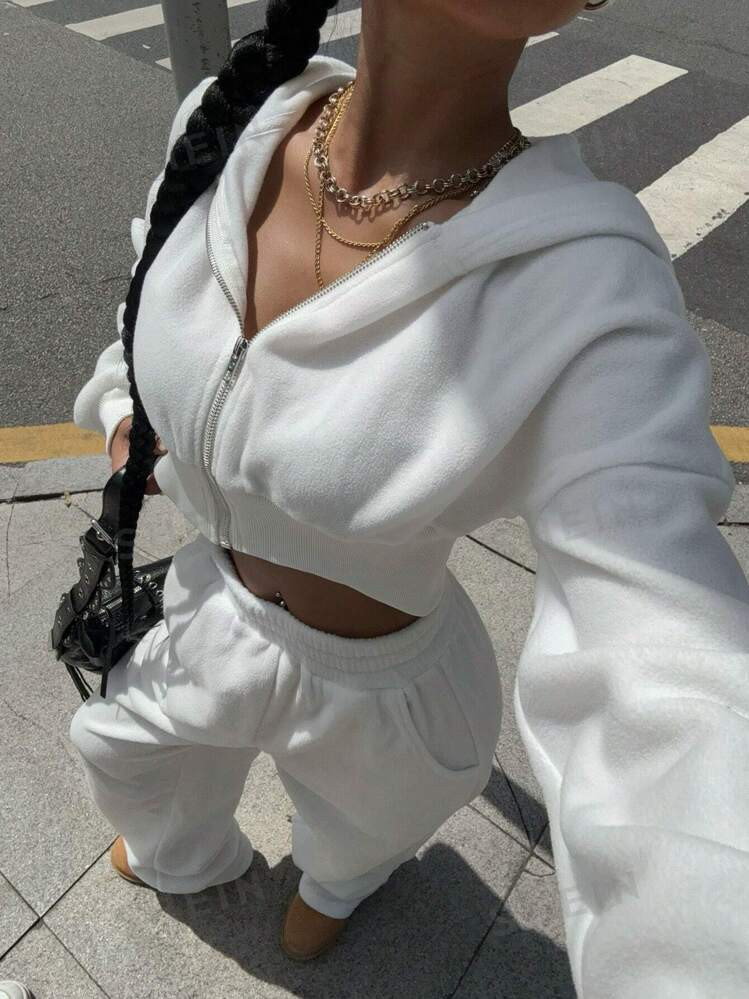 TrendsSHEIN EZwear Women's White Knit Hoodie & Pants 2pcs Suit | SHEIN