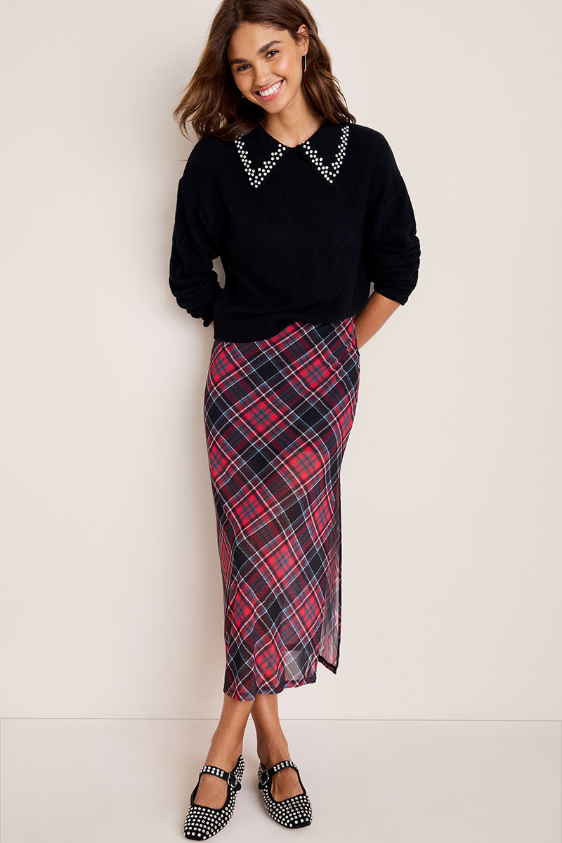 Joy Plaid Mesh Midi Skirt | Francesca's