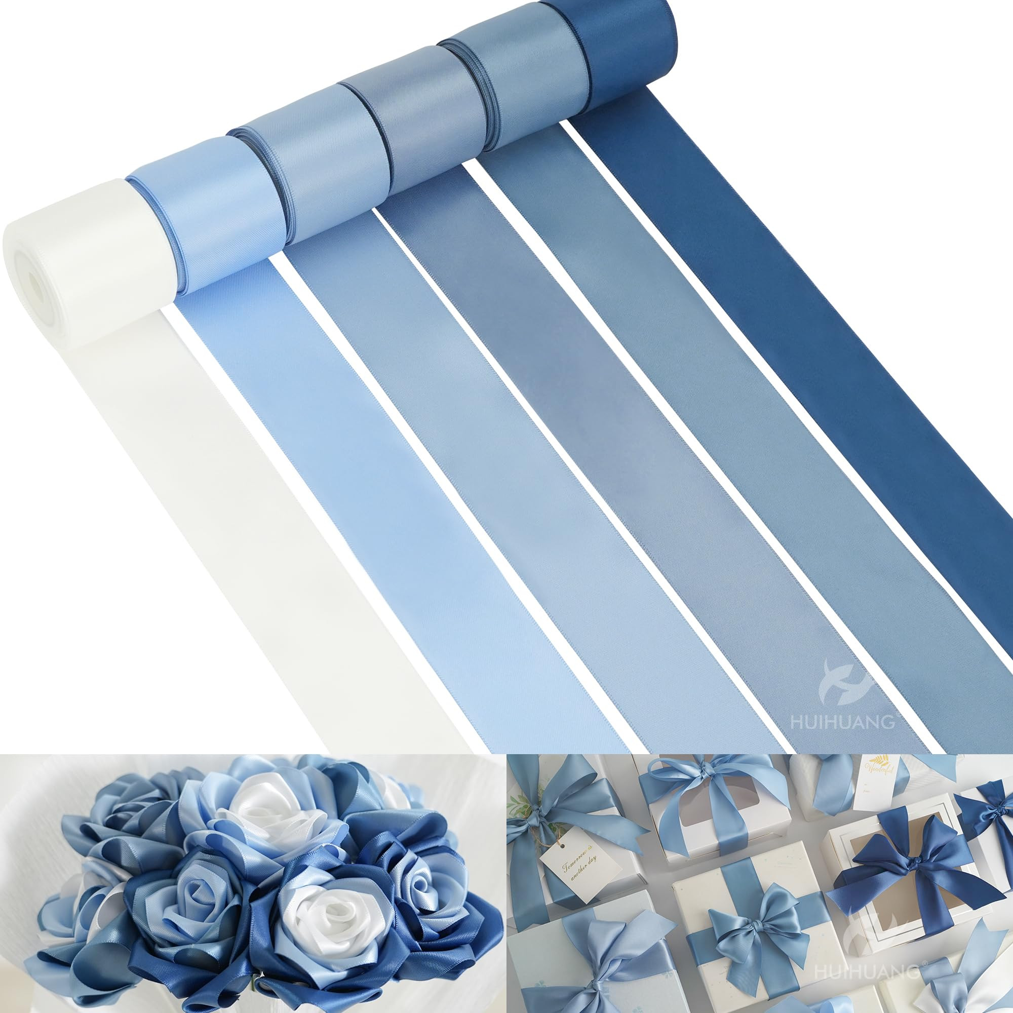 HUIHUANG Blue Ribbon 1-1/2" Dusty Blue/French Blue/Antique Blue/Navy/Light Blue and White Satin R... | Amazon (US)