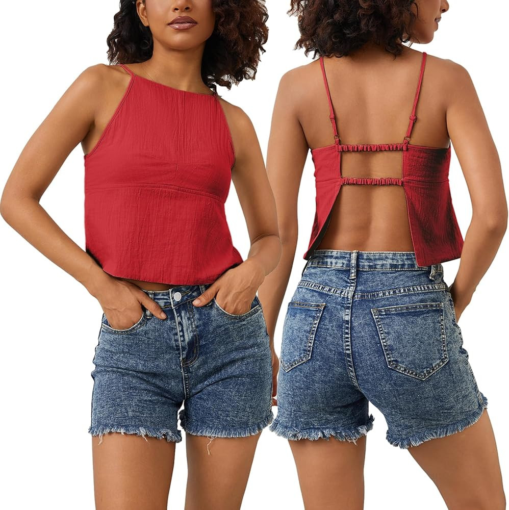 Women Sexy Open Back Crop Tank Tops Y2K Sleeveless Boat Neck Camisole Top Slim Fit Spaghetti Stra... | Amazon (US)
