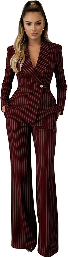 Pinstripe Suits for Women Business Casual Womens Suit 2 Piece 1 Button Womens Pant Suit Dressy Pr... | Amazon (US)