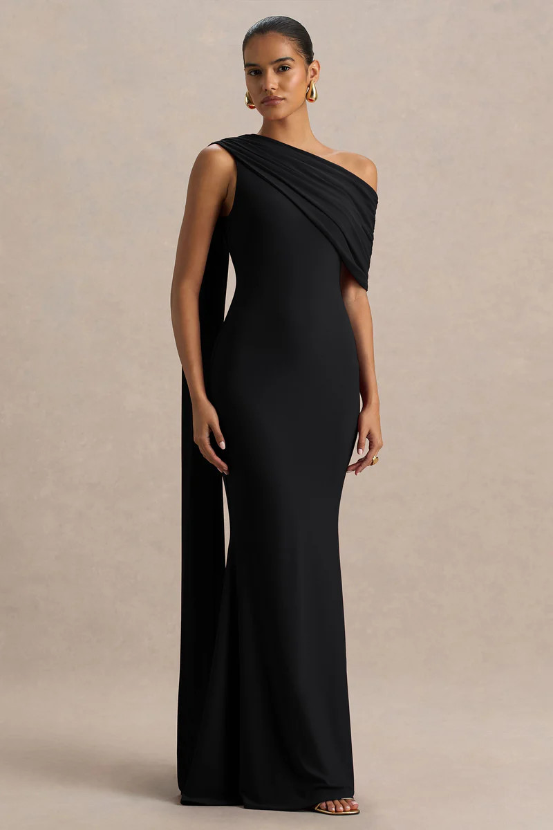 Zendaya  Black Asymmetric-Neck Fishtail Maxi Dress With Sash | Club L London