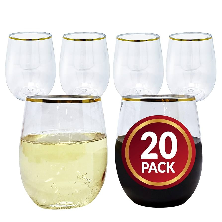 Reli. 12oz. Disposable Wine Glasses Gold-Rim (20 Pack) Stemless Crystal Clear | Reusable & Recycl... | Amazon (US)