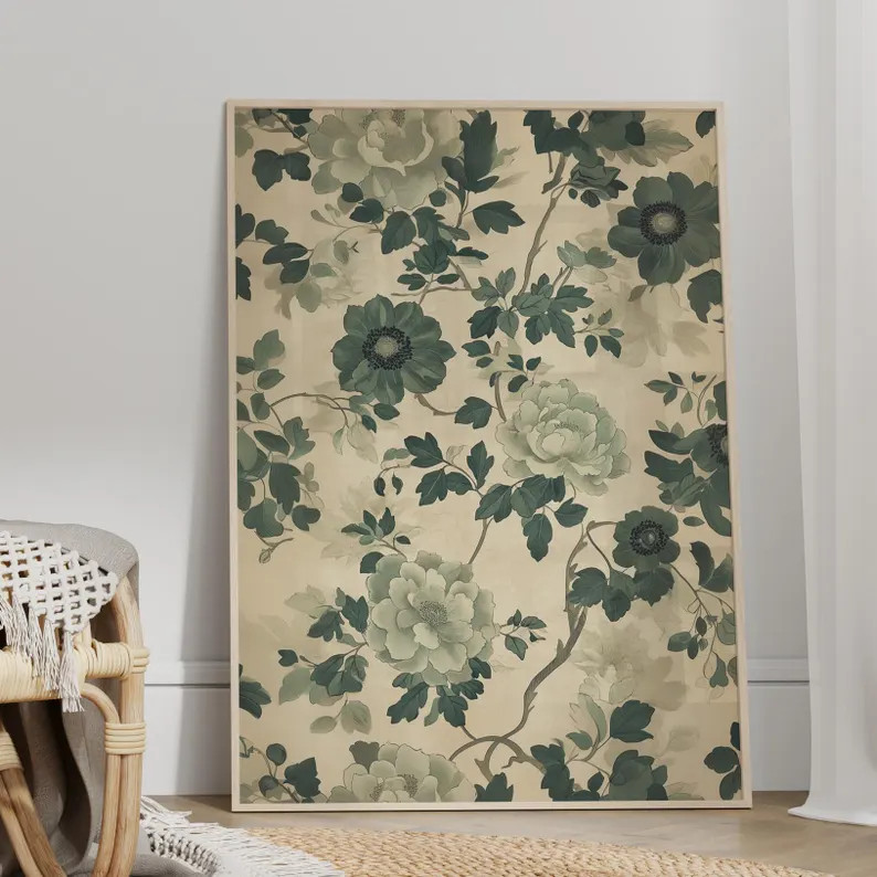 Vintage Green Floral Pattern Wall Art Poster or Canvas Print, Antique Botanical Print, Cottagecor... | Etsy (US)