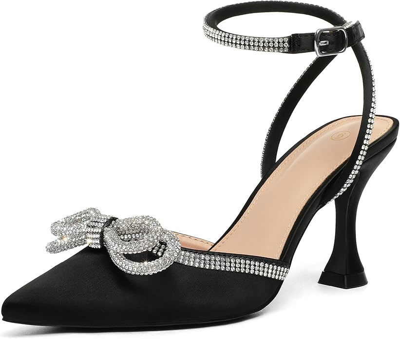 mysoft Women's Rhinestone Bow Pumps Wedding Dress Shoes Pointed Toe Ankle Strap Kitten Heels | Amazon (US)