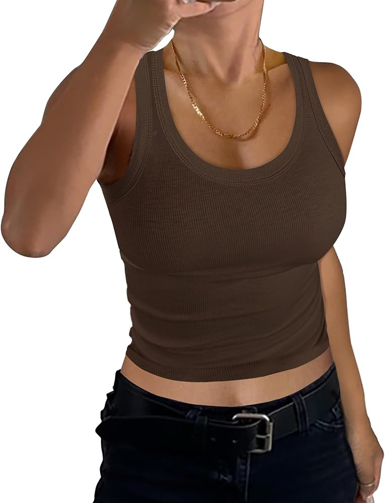 GEMBERA Women Sleeveless Scoop Neck Racerback Ribbed Knit Fitted Teen Basic Crop Tank Top Shirt | Amazon (US)