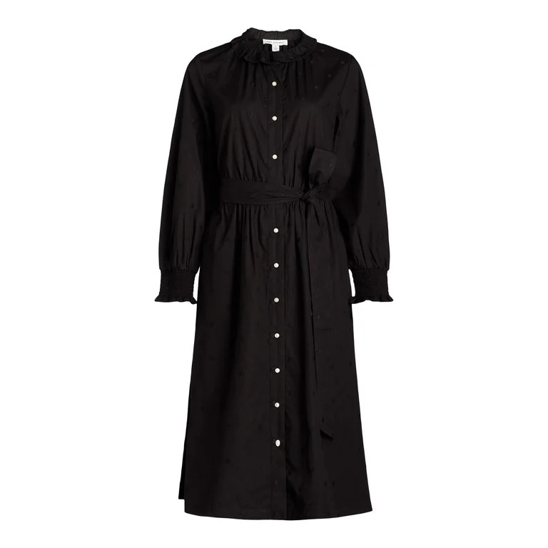 Free Assembly Women's Ruffle Neck Cotton Embroidered Midi Dress, Sizes XS-XXL | Walmart (US)