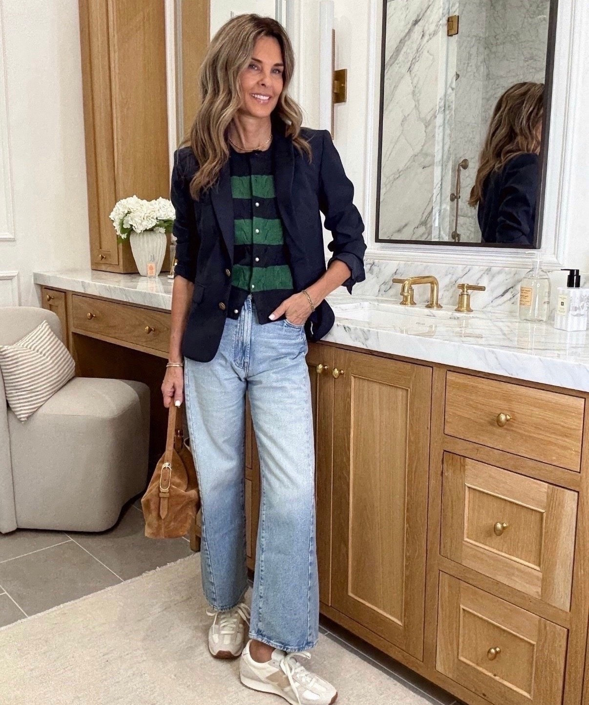 -Mother jeans  do not disappoint. People stop me to ask about them. I took my true size. I’m 5’6"
-cardigan is so cute with pearl buttons, very soft! 
-sneakers TTS 
-Blazer TTS Wearing a 2

#LTKootd #LTKOver40 #LTKWorkwear