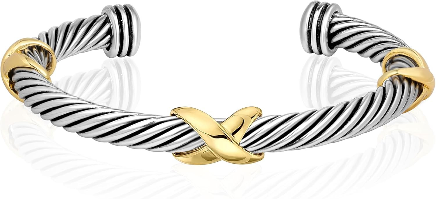Cable Cuff Bangle for Women Twisted Bracelet, Cable Wire Bangles Bracelets Two Tone Three Cross W... | Amazon (US)