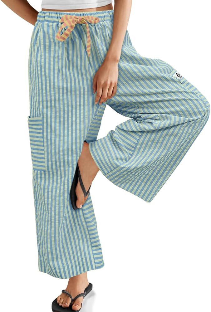 TARSE Women\u2019s Striped Wide Leg Pants Drawstring Casual Boho Palazzo Pants Loose Lounge Beach... | Amazon (US)
