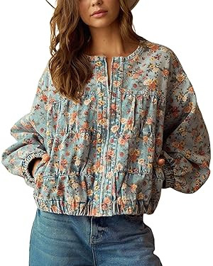 chouyatou Women's 2025 Fall Boyfriend Floral Denim Jacket Spring Y2K Casual Oversized Jean Bomber... | Amazon (US)