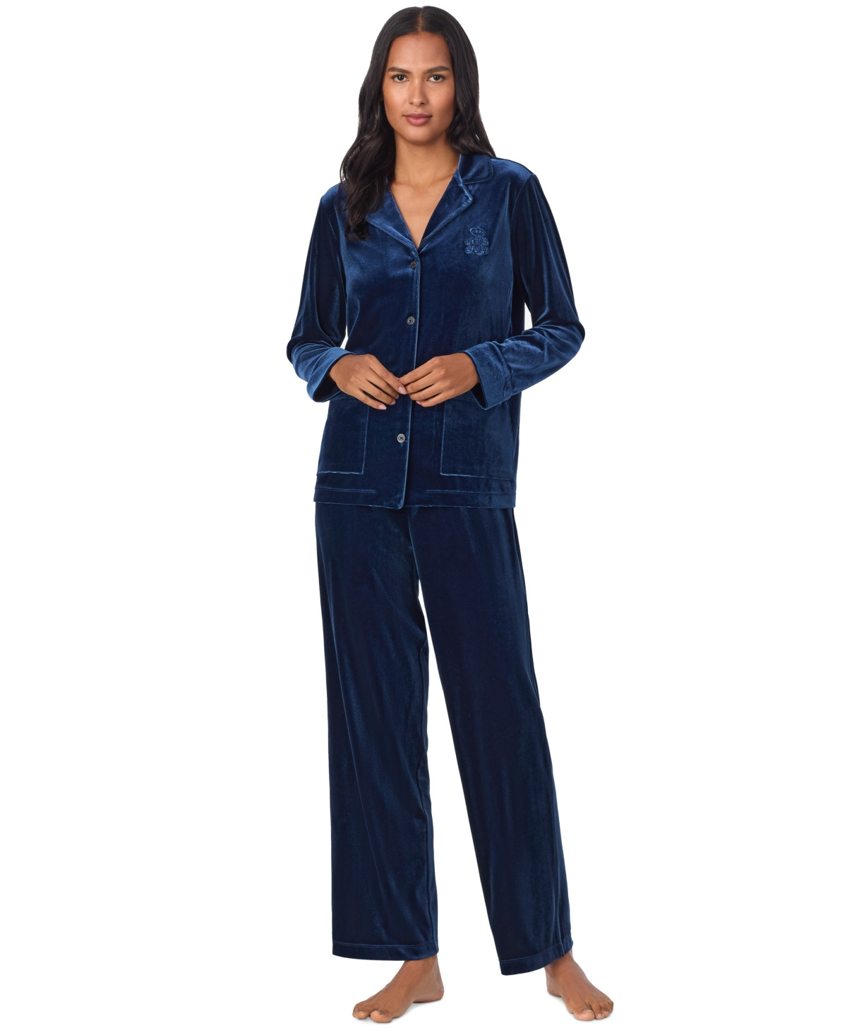 Lauren Ralph Lauren Women's Velvet Notched-Collar Pajama Set - Navy | Macy's