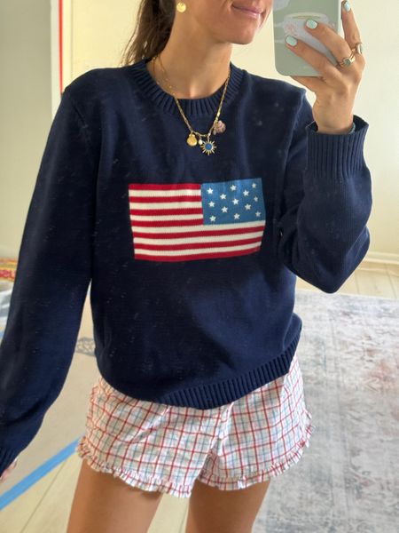 4th of July outfit:) happy 4th!! 

American flag sweater, boxer shorts, summer outfit 

#LTKSeasonal #LTKParties #LTKStyleTip