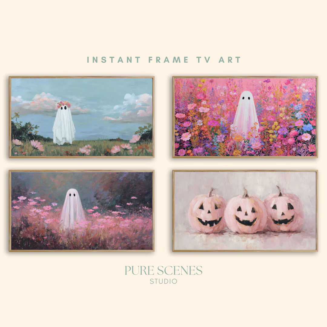 Summerween Frame TV Bundle Set of 4 Ghost and Pumpkin Artworks With Floral Fields Pink Background... | Etsy (US)