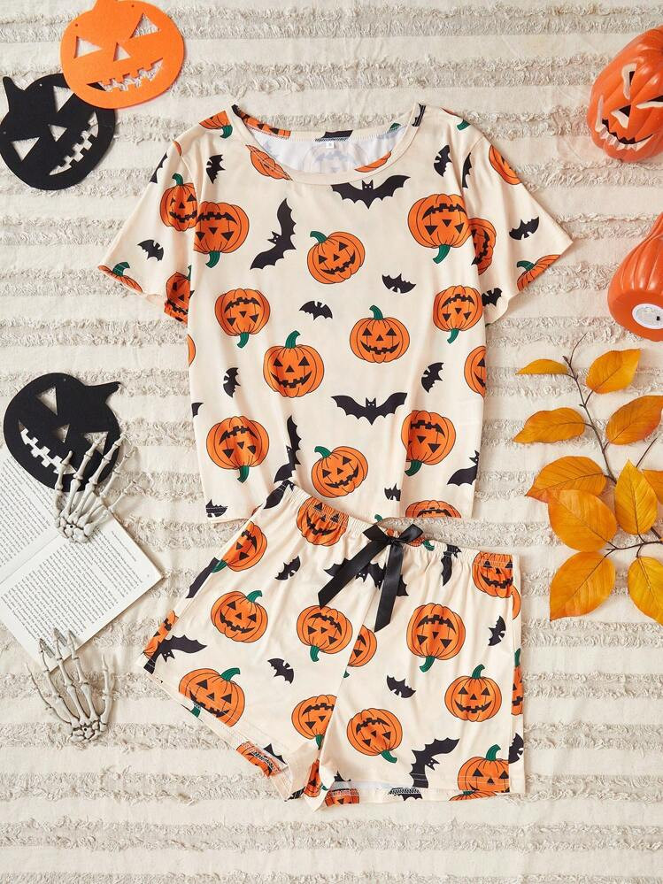 2 Stücke Halloween Kürbis & Fledermaus Muster Kurz Schlafanzug Set | SHEIN