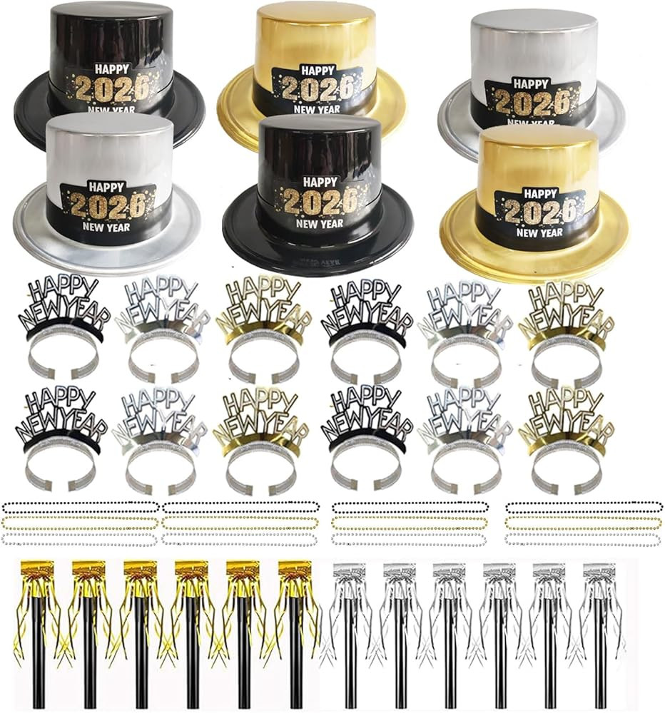 New Years Party Decorations 42Pcs Happy New Year Top Hats Gold Black Silver Headband Beaded Neckl... | Amazon (US)