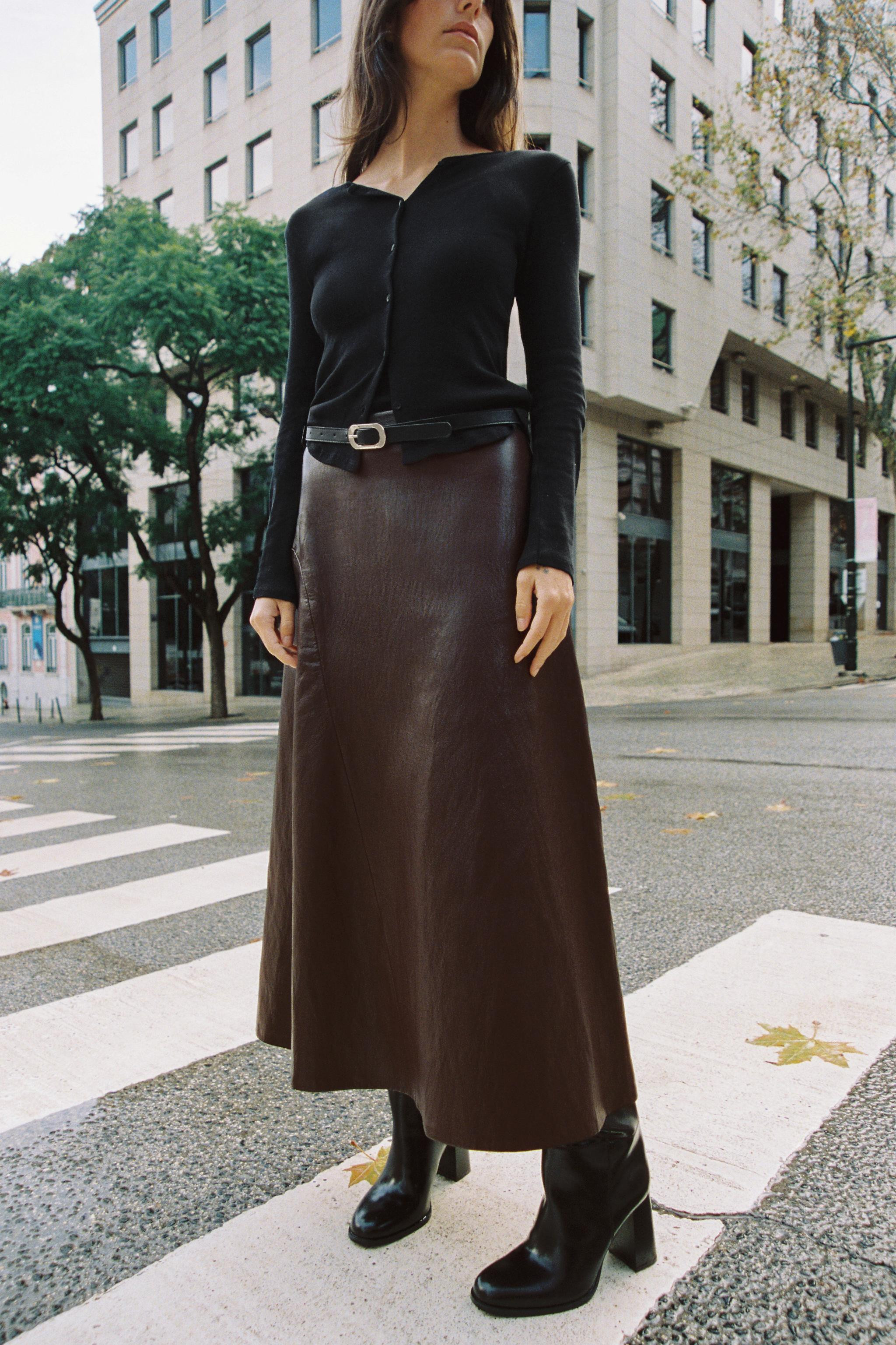 FAUX LEATHER BELTED MIDI SKIRT | Zara US