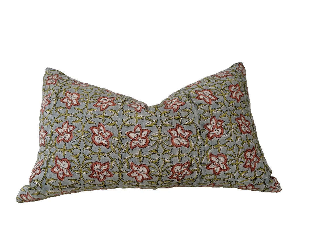 Hand block print linen pillow cover.Antique blue /   olive green/ red floral pillow.natural linen... | Etsy (US)