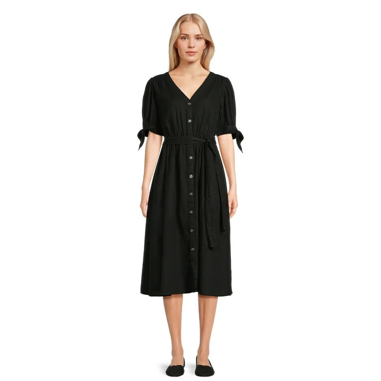 Time and Tru Women?s Tie Sleeve Linen Blend Midi Dress, Sizes XS-XXXL | Walmart (US)