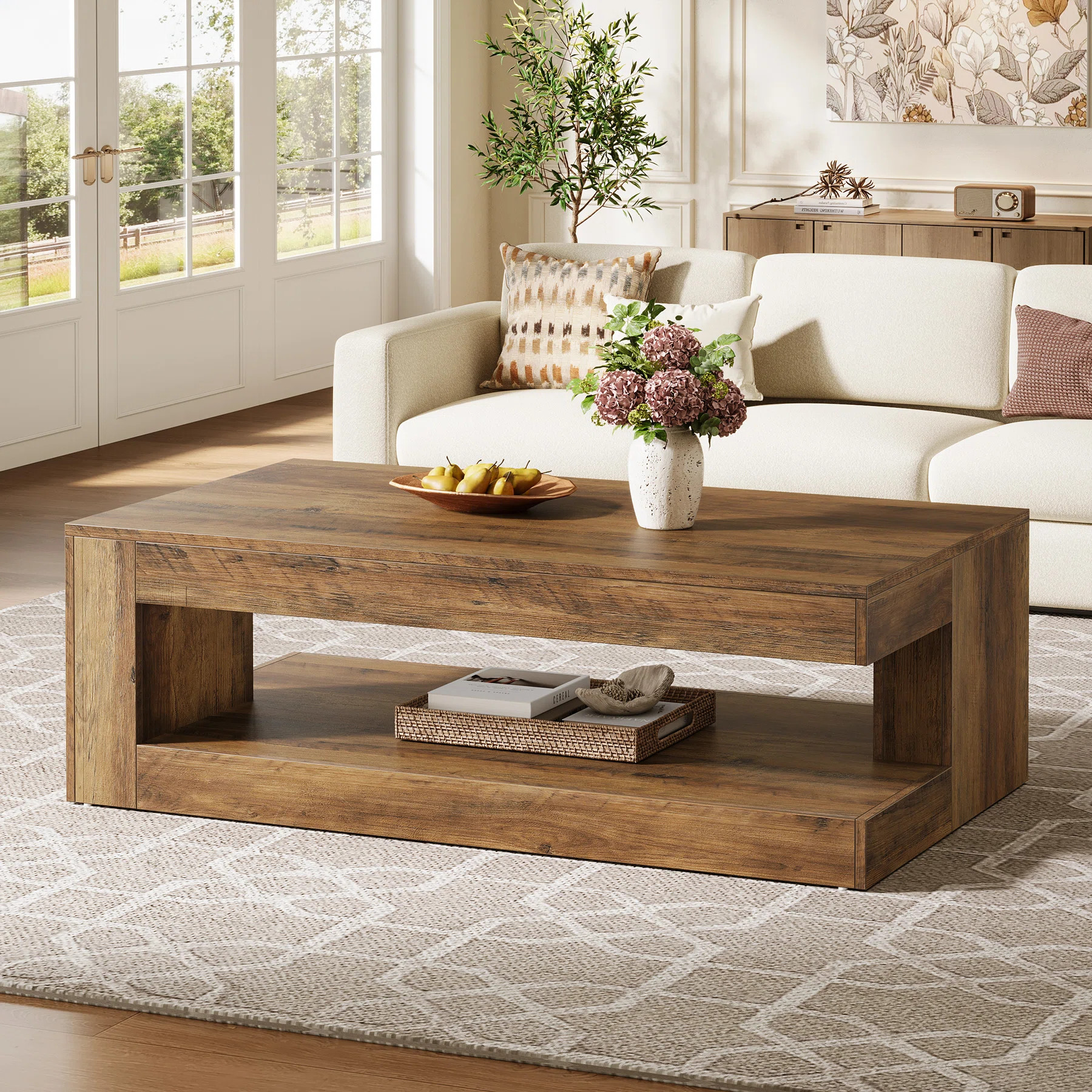 Ebern Designs 47.24'' Rectangular Coffee Table For Living Room, Farmhouse 2-tier Accent Centre Tea Cocktail Table With Storage & Reviews - Wayfair Canada | Wayfair North America