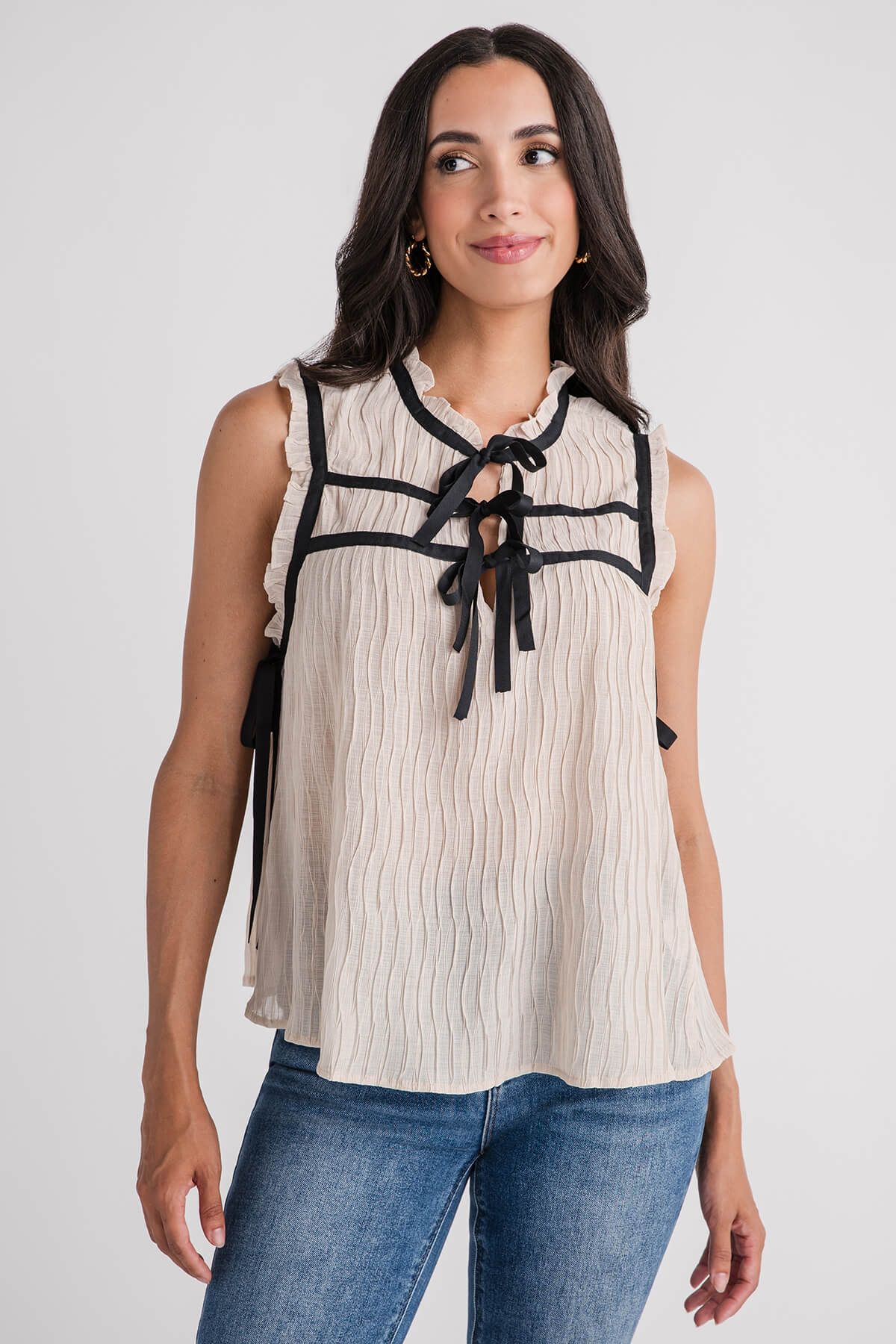 Listicle Plisse Contrast Bows Blouse Top | Social Threads