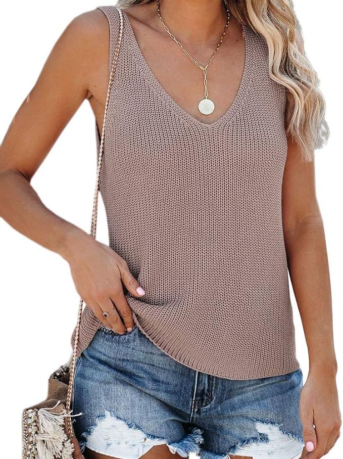 Tutorutor Womens Sleeveless V Neck Sweater Vest Summer Fall Knitted Loose Cami Tank Tops | Amazon (US)