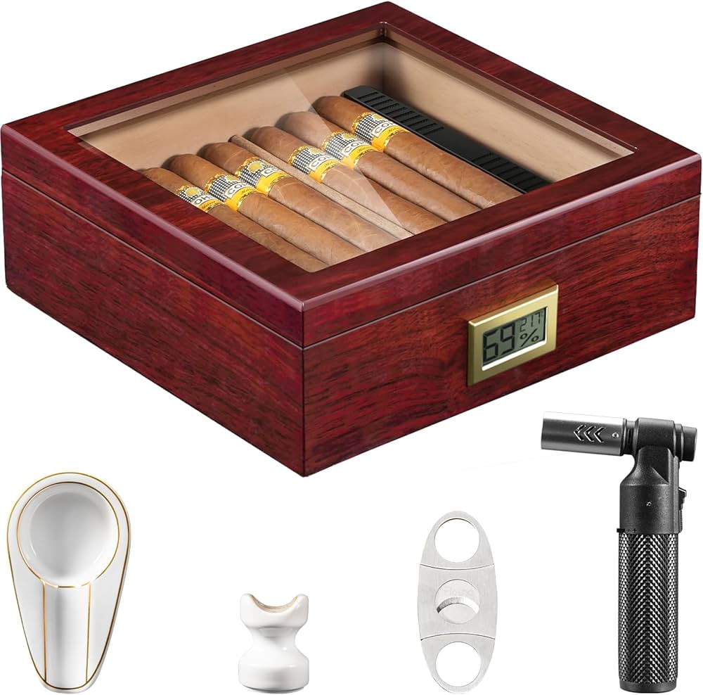 Flauno Cigar Humidor with Torch Lighter, Cigar Cutter, Cigar Ashtray, Cigar Holder, Digital Hygro... | Amazon (US)