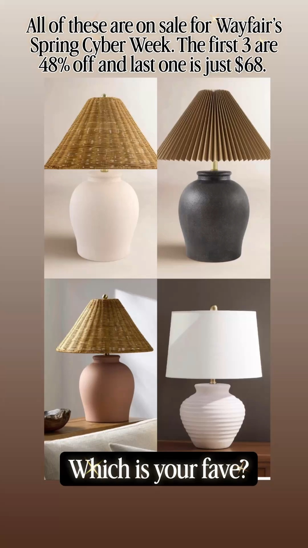 I want to get at least two of these lamps for my home because they look so expensive but the prices are so good for Wayfair Springs cyber week sale. The first three are almost 50% off! Which ones are your faves?! Help me choose!

I’ll also link a bunch of other stuff that I either already own or got from the sale (or just love!). We’re furnishing our house right now and the sale is much needed! 
￼
@Wayfair #WayfairPartner #ad #Wayfair

#LTKHome #LTKSaleAlert #LTKOver40