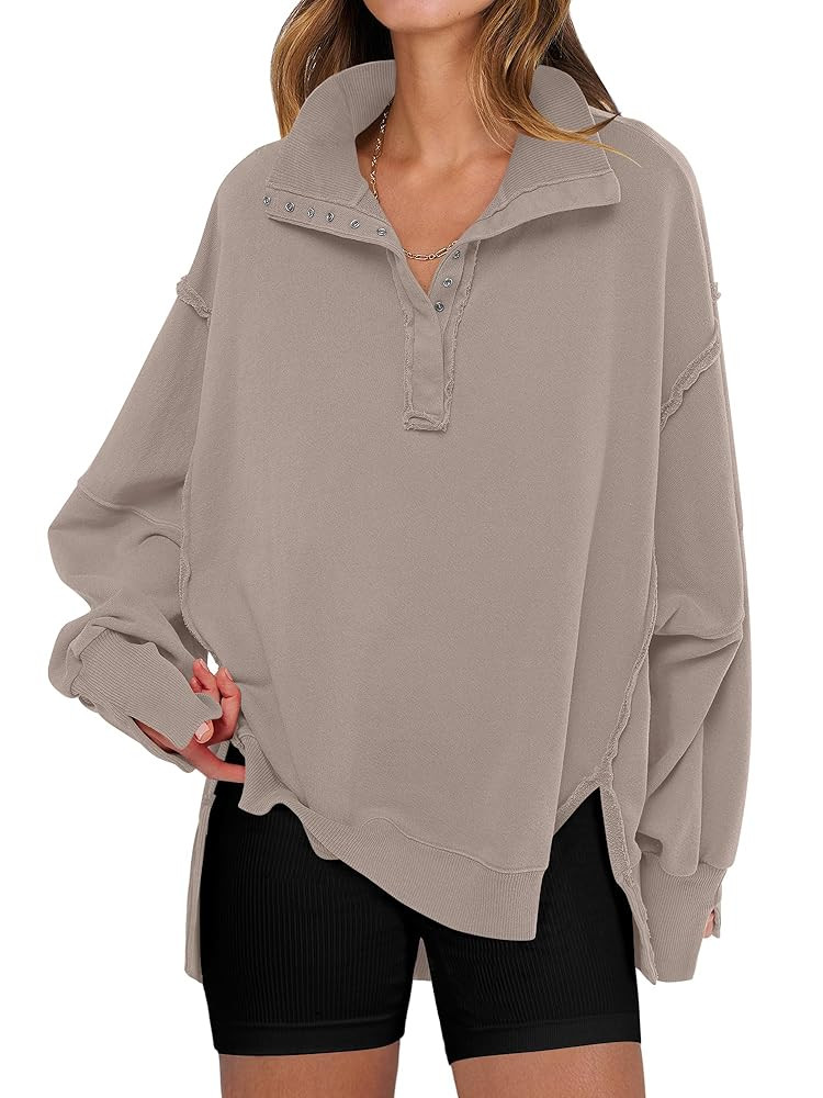 ANRABESS Women's Sweatshirts Oversized Casual Loose Button Up Henley Pullover Top High Low Split ... | Amazon (US)