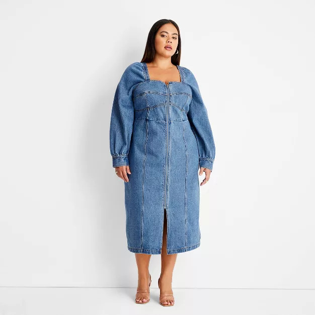Women's Puff Long Sleeve Zip-Front Denim A-Line Dress - Future Collective™ with Kahlana Barfiel... | Target