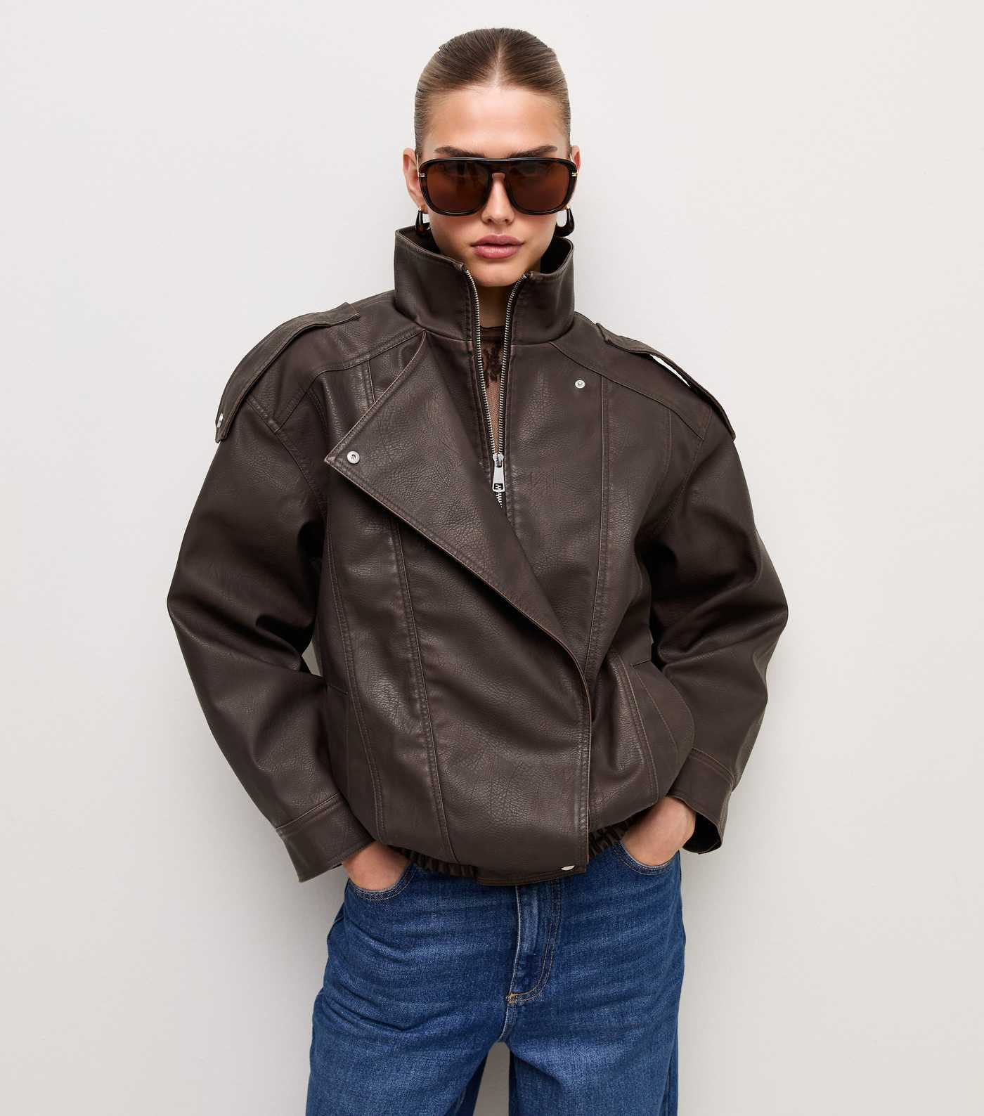 Dark Brown Placket Detail Faux Leather Oversized Funnel Neck Jacket | New Look | New Look (UK)