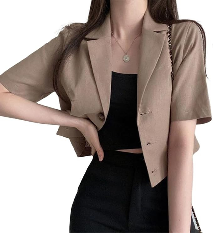 Womens Cropped Linen Blazer Lightweight Summer Casual Short Sleeve Cotton Linen Jackets | Amazon (US)