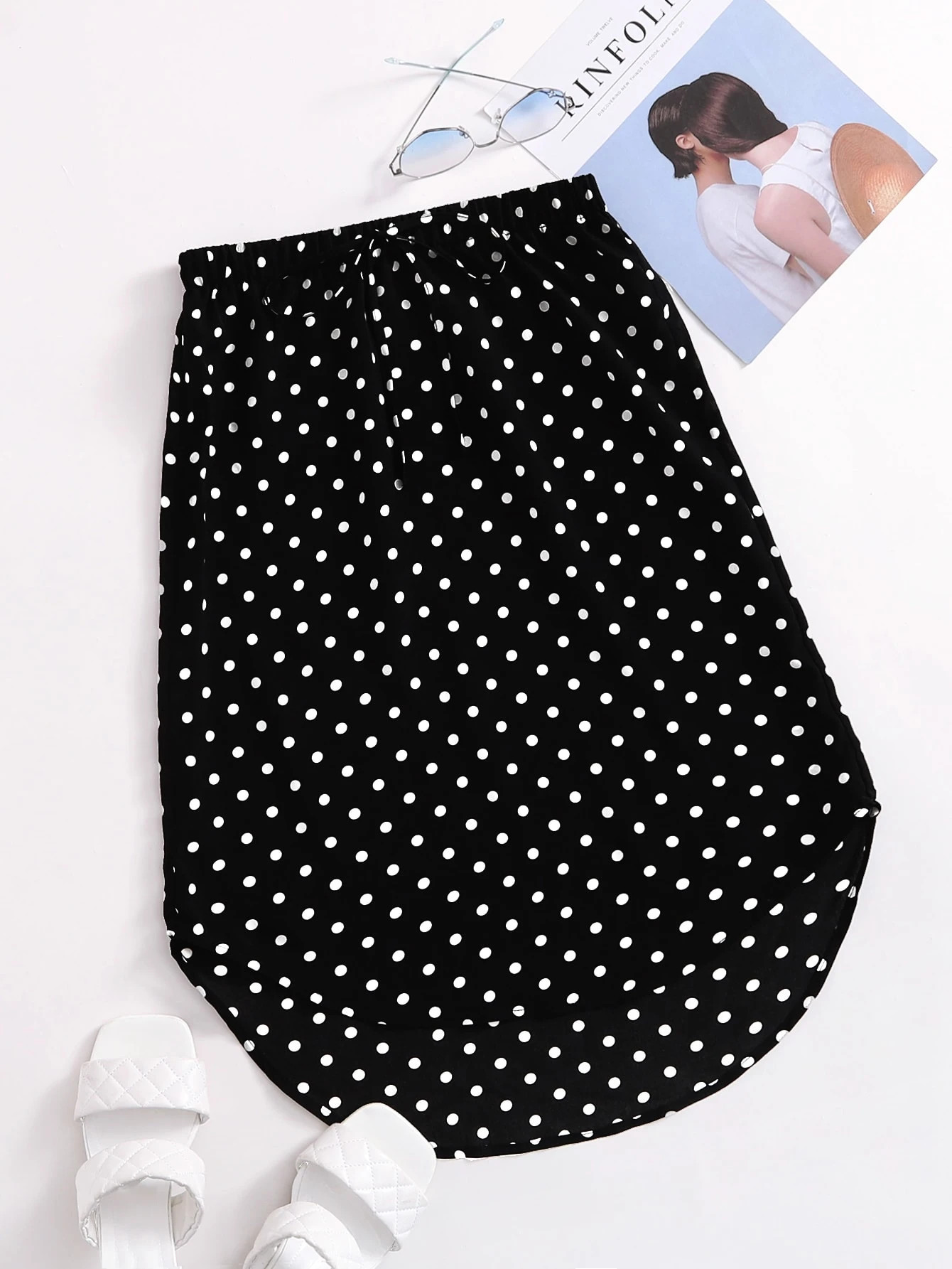 SHEIN Knot Waist Dip Hem Polka Dot Skirt | SHEIN