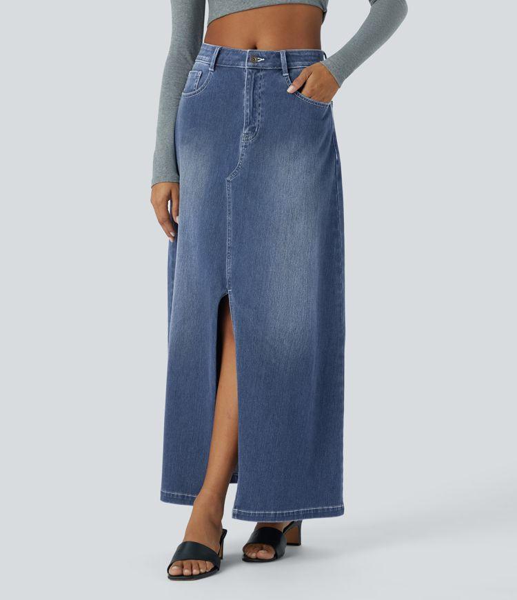 Women’s Halara Flex™ Mid Rise Zipper Pockets A Line Denim Maxi Casual Skirt - Halara | HALARA