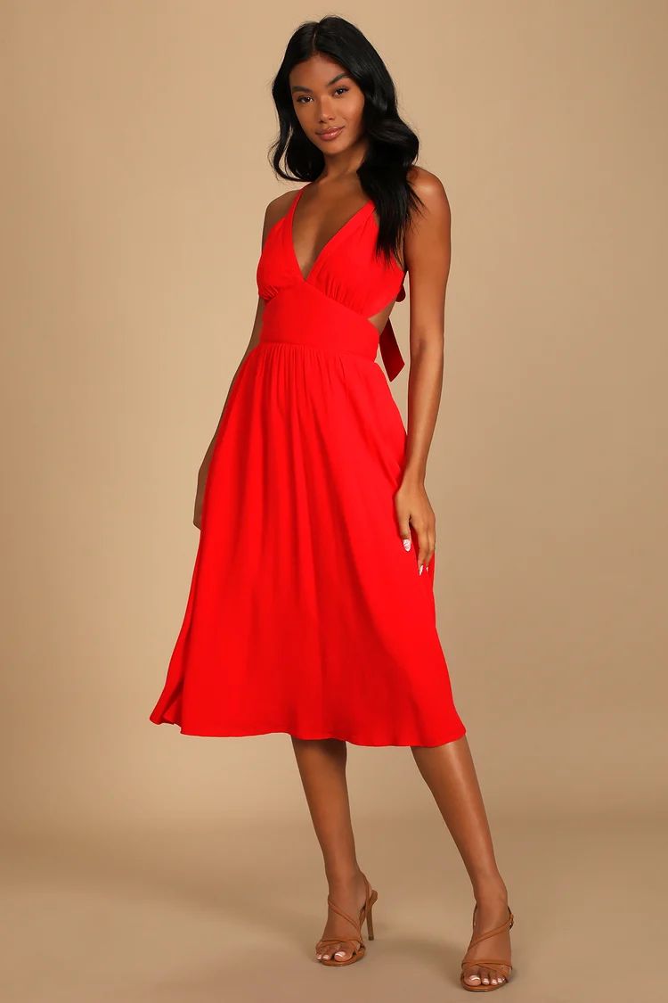 Bold New Look Bright Red Tie-Back Midi Dress With Pockets | Lulus