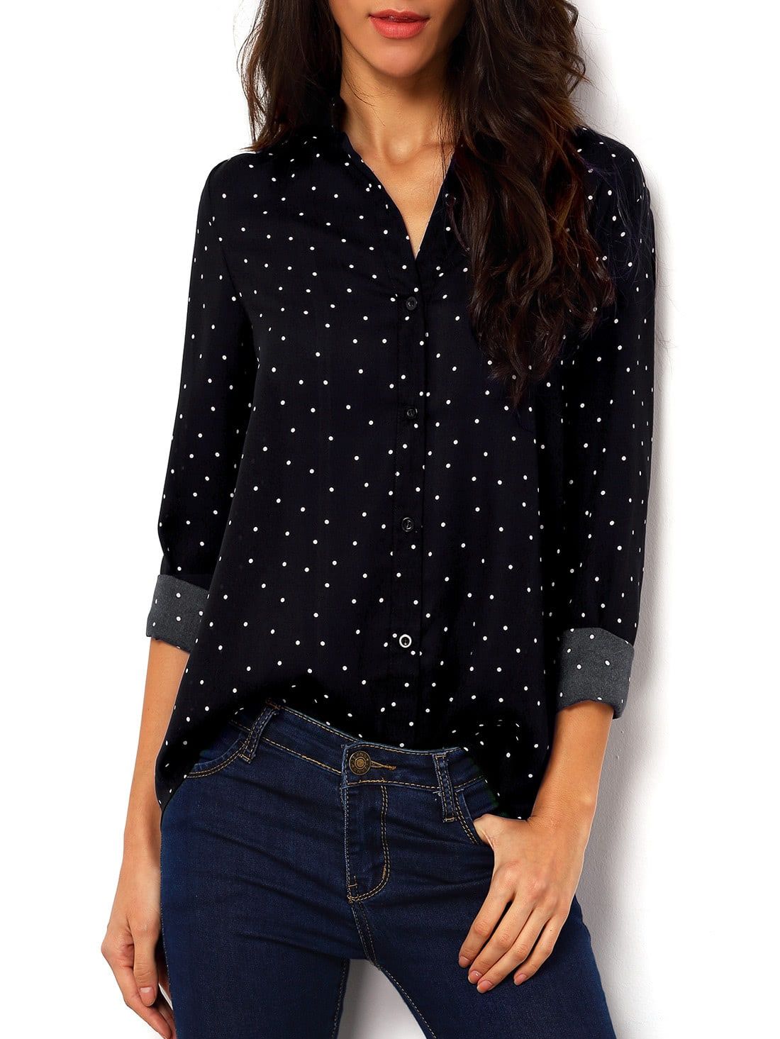 Black Polka Dot Spotted With Buttons Polkadots Blouse | SHEIN