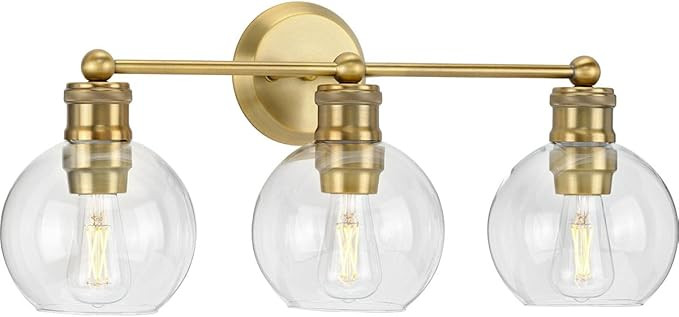 Hansford Collection 3-Light Clear Glass Farmhouse Bath Vanity Light Vintage Brass | Amazon (US)