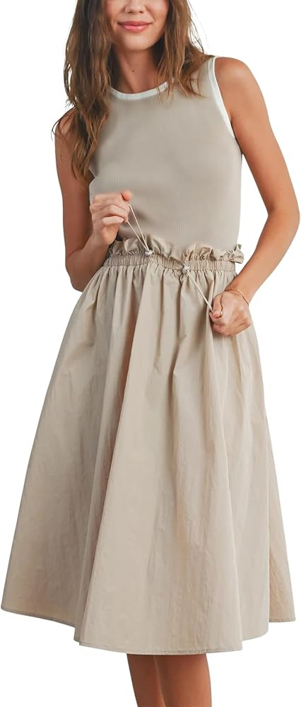 Hongsui Women's Contrast Tank Dress Casual Summer Ruffled Midi Dress with Pockets | Amazon (US)
